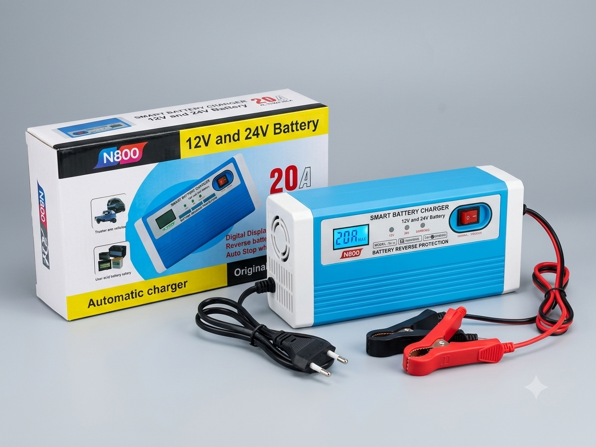 N800 Smart Battery Charger 12V/24V 20A | Digital Display Automatic Intelligent Battery Charger with Reverse Protection & Auto Stop for Car, Truck & UPS Batteries
