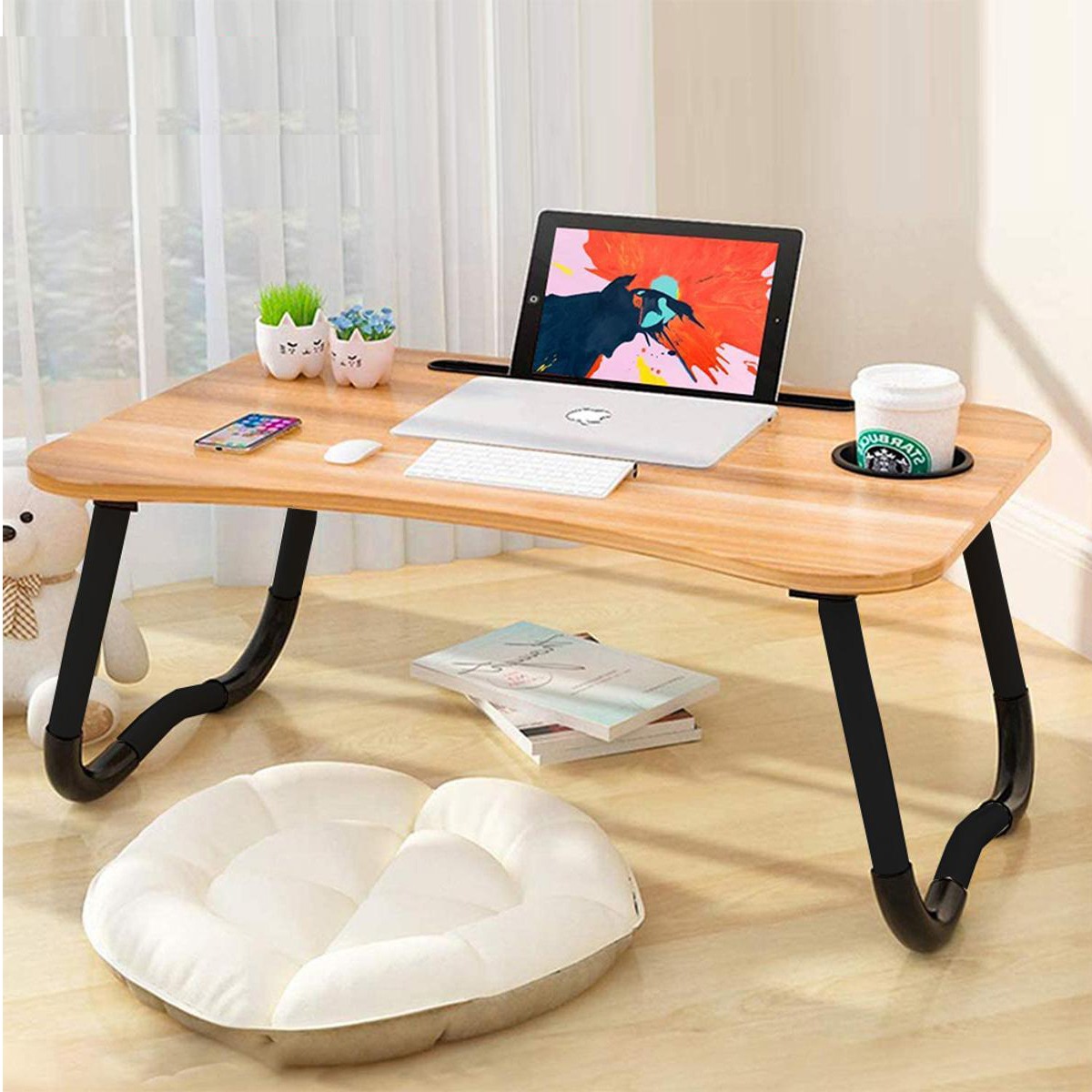 Wooden Gaming Laptop Table With Fan And Simple For Bed Foldable Stand Ergonomic Portable Drawing Notebook Reading Food Breakfast Serving With Inbuild Ingrave Tablet And Cup Holder Slots Couch