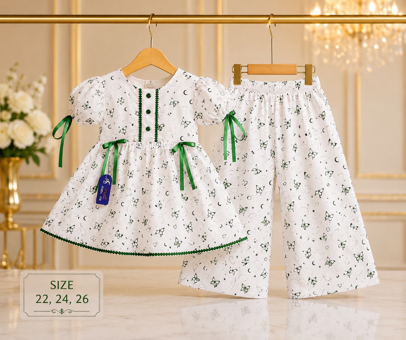 Girls Cotton Frock with Plazo | 2 Piece Kids Dress | Butterfly Print | Soft & Comfortable | White Green | Size 22, 24, 26