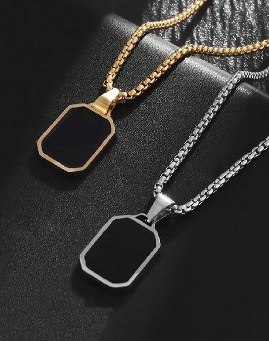"Men's Luxury Black Pendant Necklace – Premium Gold & Silver Stainless Steel Chain, Modern Rectangular Style"