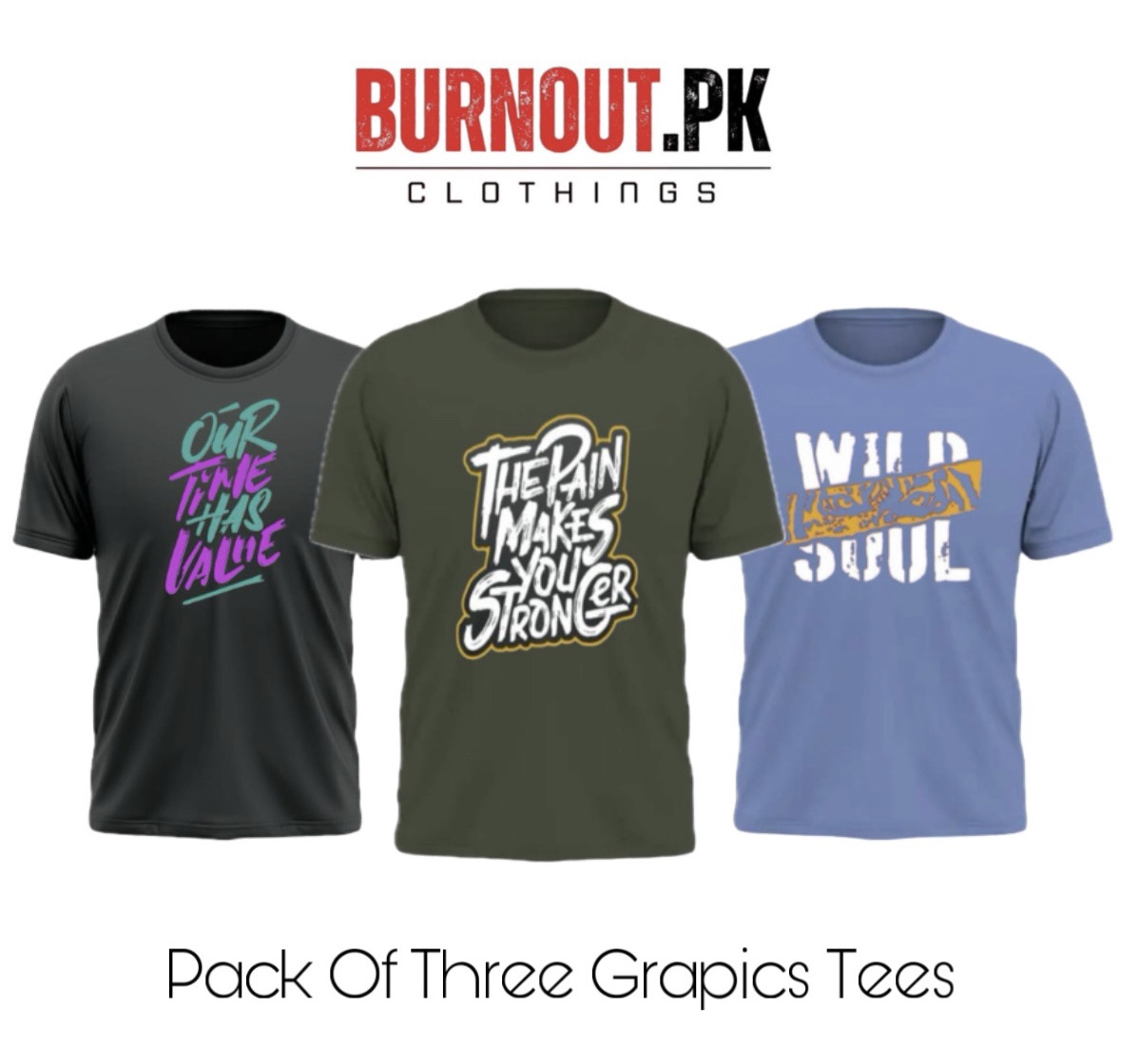 BURNOUT.PK NEW TRENDY SUMMER COLLECTION PACK OF 3 PRINTED TSHIRTS FOR MENS AND WOMENS
