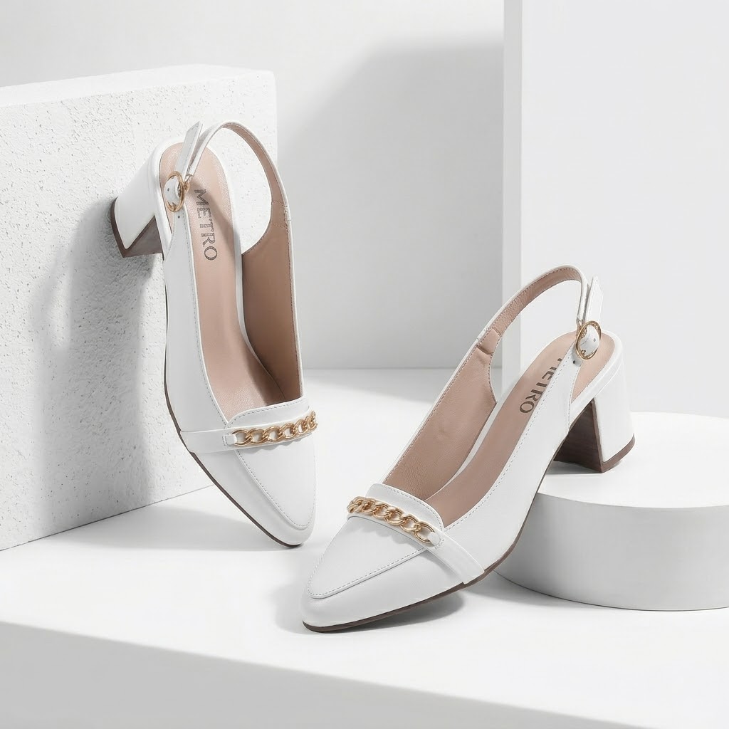Women's Elegant Pointed-Toe Slingback Block Heels Shoes – Chic Gold Chain Accent Dress Court Shoes & Pumps in Multicolors