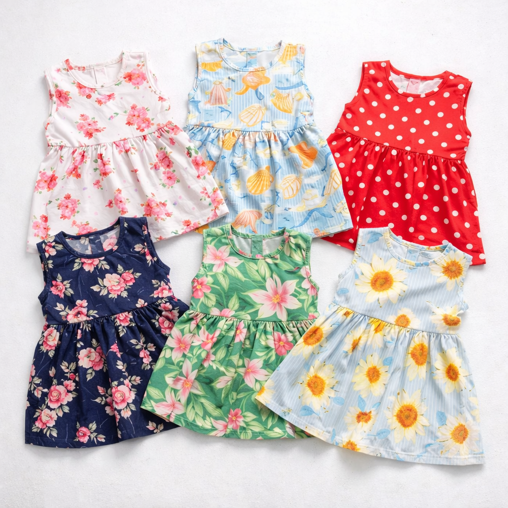 Baby Girl Frock Pack Of 5 Summer Cotton Dresses | Random Design Multicolor Baby Frocks Set 0-4 Years | Soft Casual Daily Wear Cute Kids Girls Dress Pack | Newborn Toddler Baby Girl Clothes Pakistan | Printed Comfortable Baby Frock Bundle