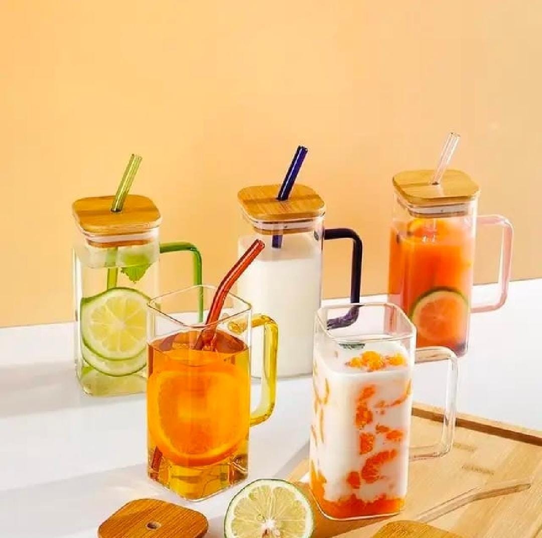 Drinking Glass with Straw, Handle and BamboO Lid, — buy online in Pakistan at SimpleCartStore
