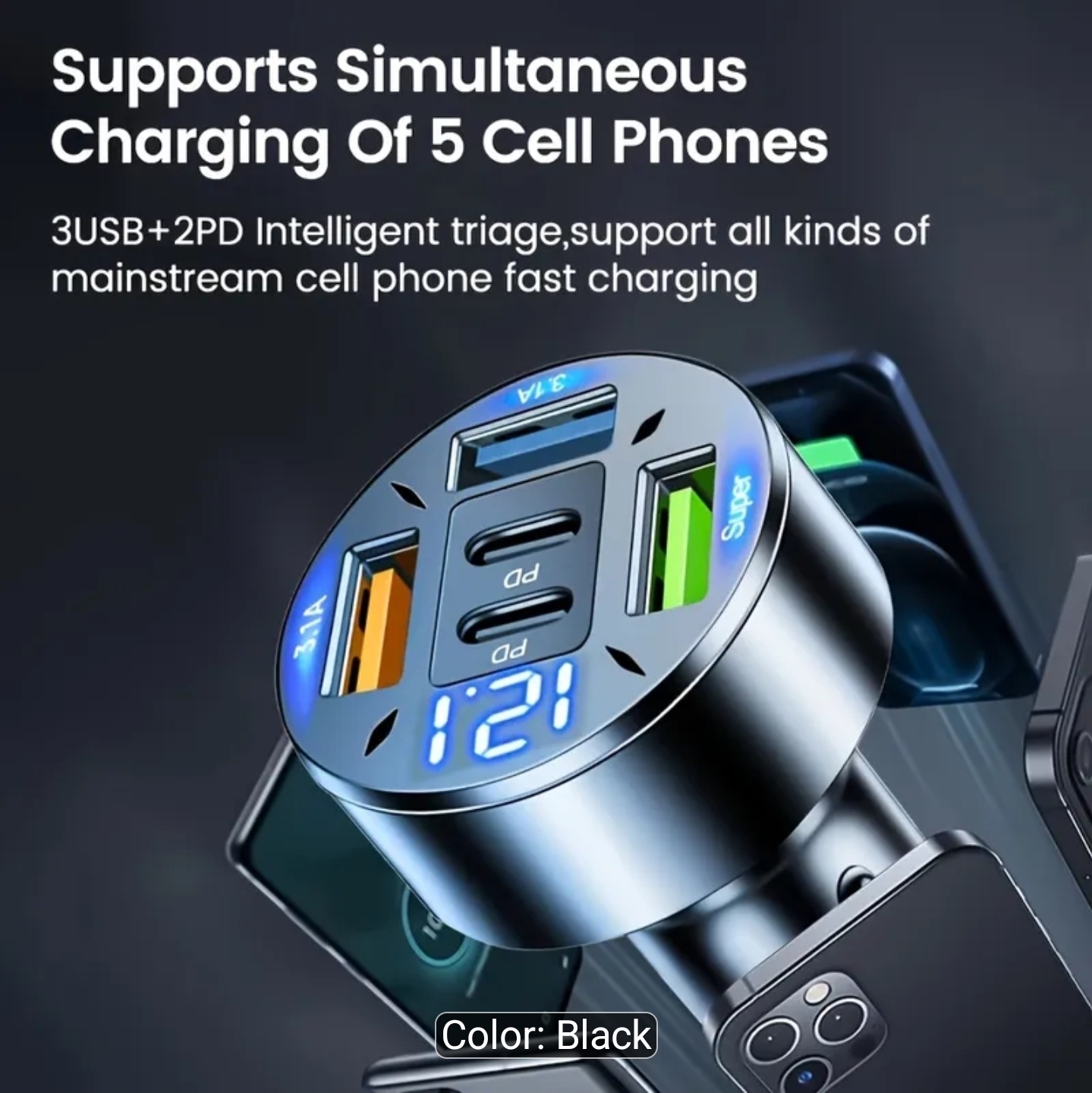 2026 Upgraded Fast-Charge Digital Display Car Charger | Features 2 PD and 3 USB-C Ports, Portable, Designed for Drivers and Passengers, Wireless Charging Adapter, Travel-Friendly