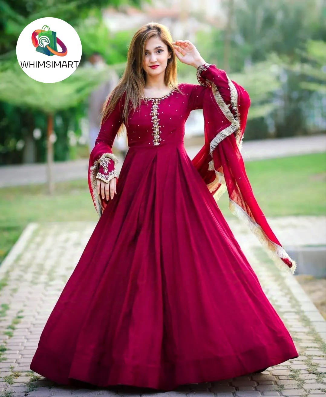 Embroidered Chiffon Maxi Dress for Women - Kaya Work on Neck and Sleeves, Lace Dupatta, 3-Piece Set, Ready-to-Wear