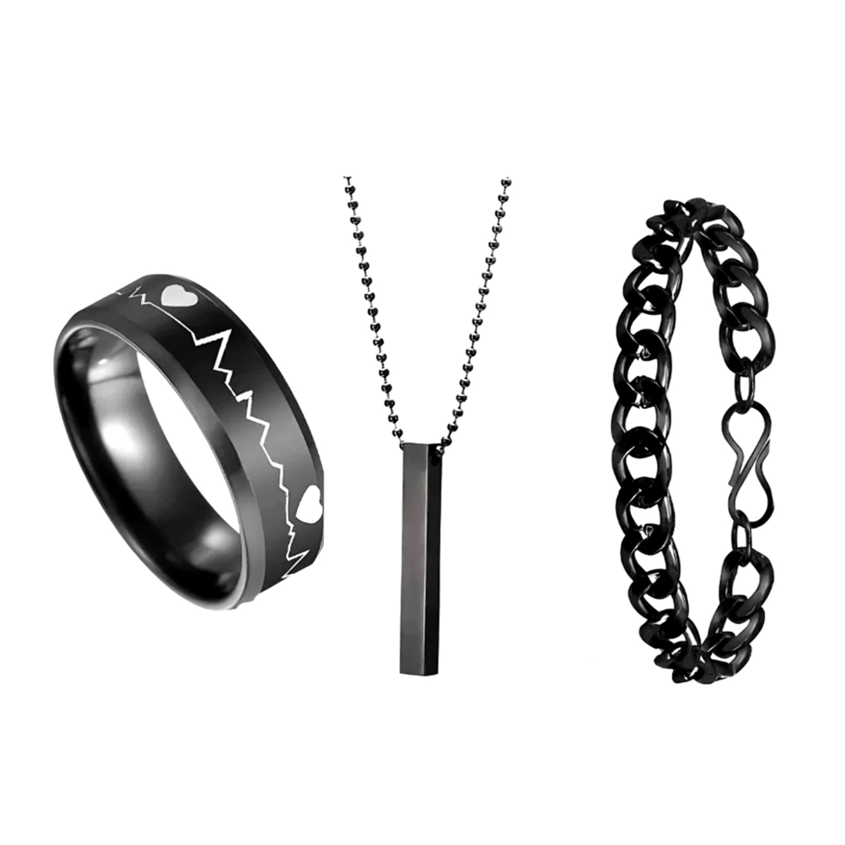 Necklace Set for Men Stainless Steel Jewelry Set Fashion HEARTBEAT Style Black (Necklace + Bracelet + Ring)