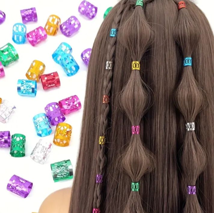 Braid Beads & Braided Rings Set, Aluminum Alloy, Geometric Patterns, Mixed Color, Hollow & Beaded Design, Elegant & Cute Style, Round Shape, Baby Girl Hair Accessories for Valentine's Day