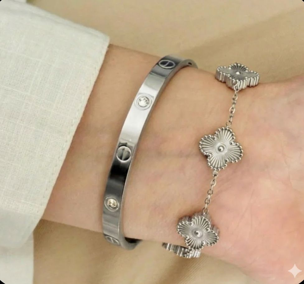 Stainless Steel 2-Piece Bracelet Set for Women – Clover & Bangle Design – Modern Style – All Season, Multicolors