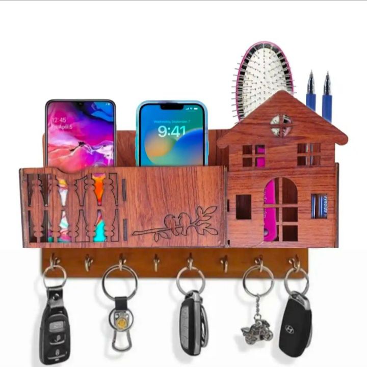 Wooden wall keychain holder with mobile stand wall mounted storage