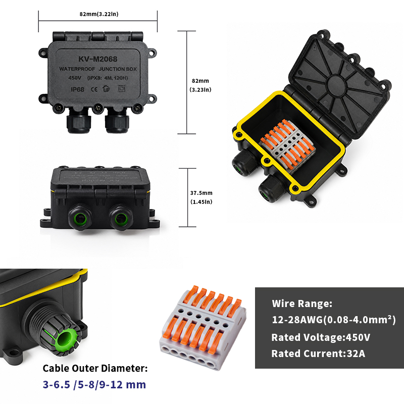 IP68 Waterproof Junction Box 2-8 Way 6 Pole Electrical Wire Connector 32A 450V 0.08-4.0mm² Cable Splice for Outdoor Lighting