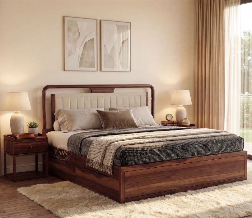 Sheesham Wood Bed with Upholstered Headboard & One Side  Drawer Storage (King Size, Jade Ivory, Teak Finish)