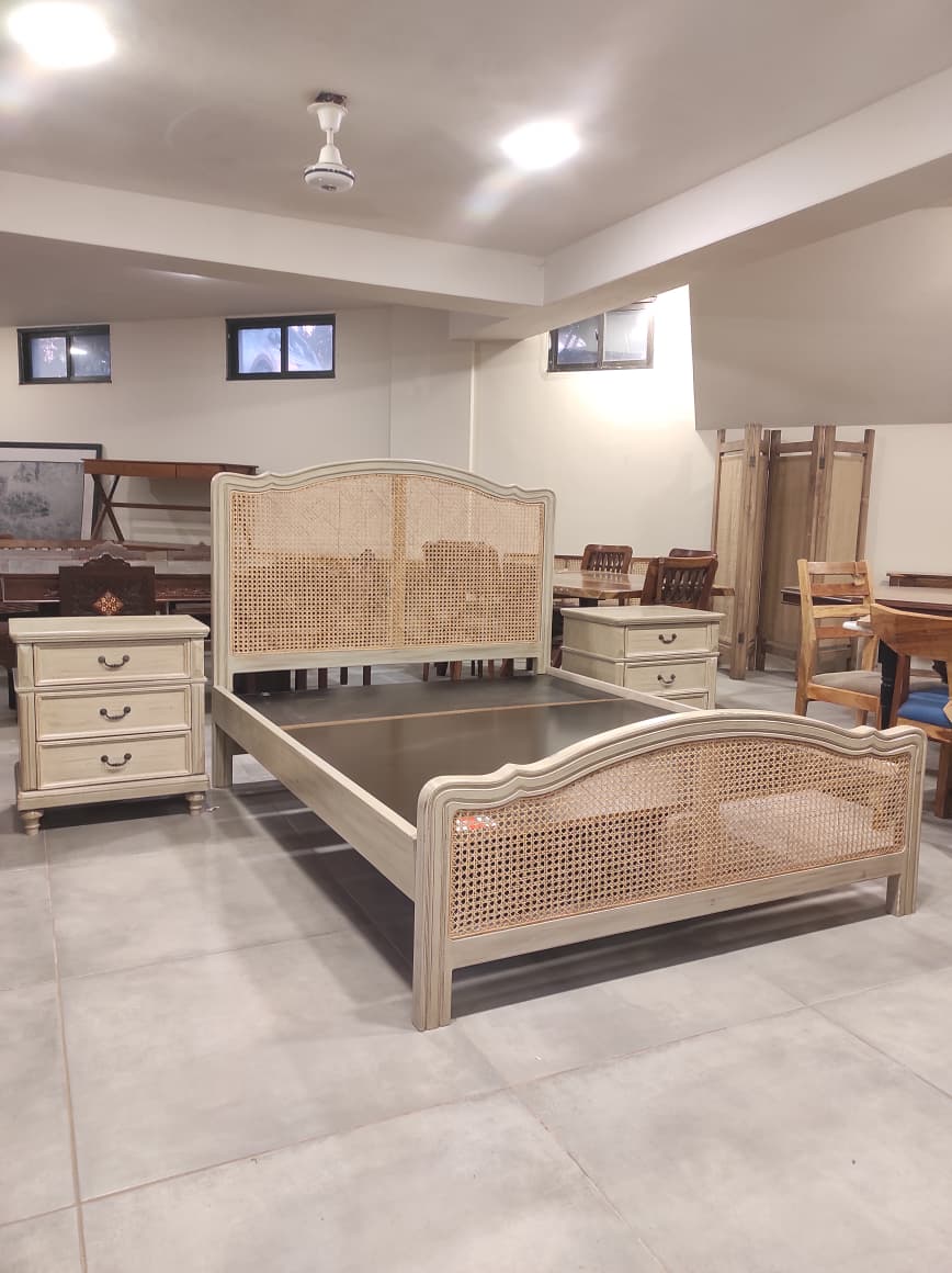 Rattan Cane King Size Bed with 2 Side Tables ( Sheesham Solid Wood )