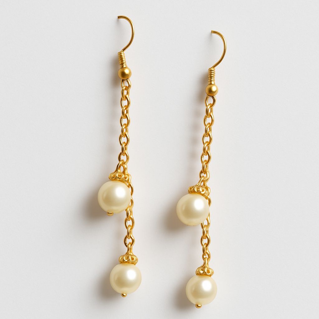 Elegant Double Pearl Drop Earrings with Golden Chain – Classic Women’s Jewelry for Every Occasion