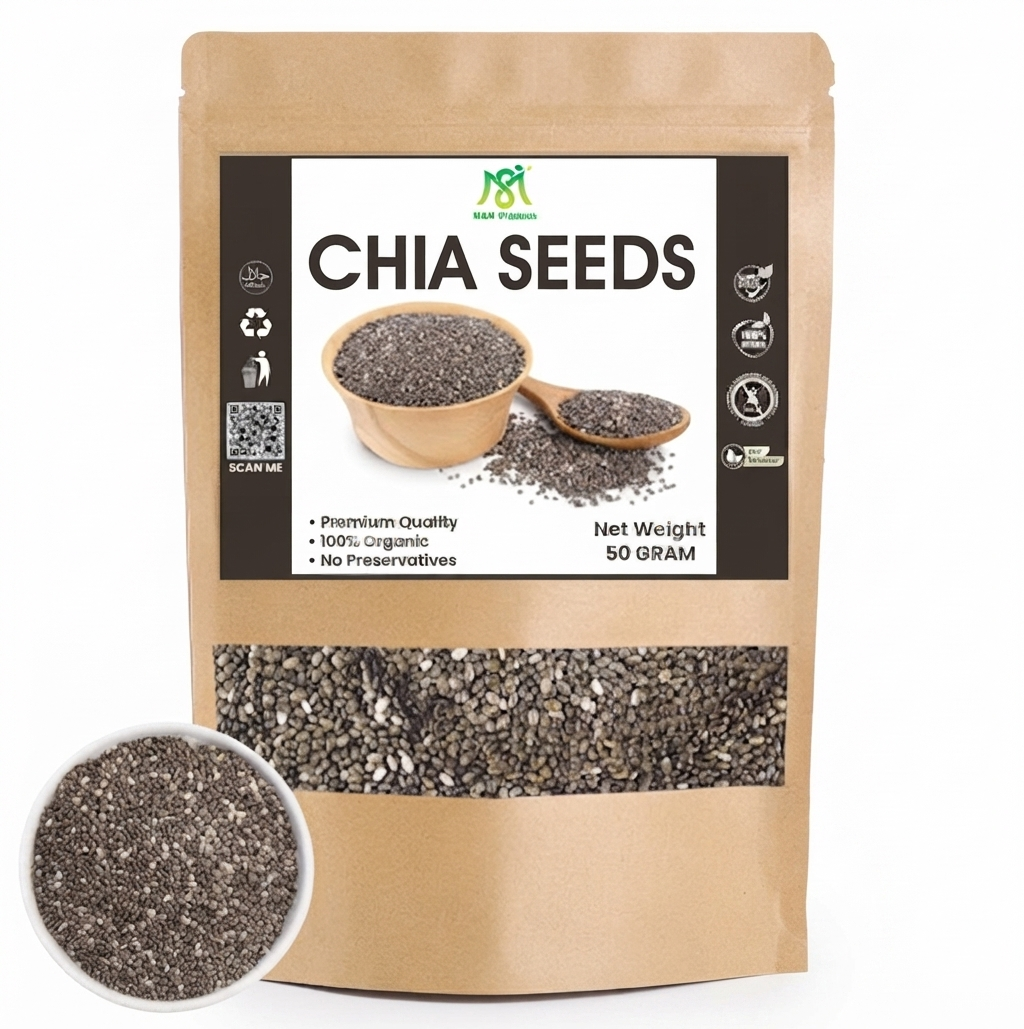 Organic Chia Seeds 50g | Premium Raw Superfood Seeds | High Fiber, Protein & Omega-3