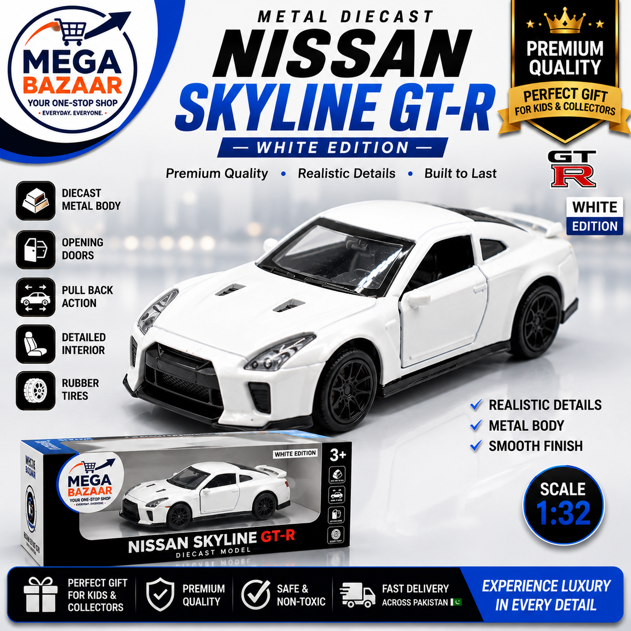 Nissan Skyline GT-R Diecast Metal Toy Car 1:32 Scale White Edition Pull Back Openable Doors