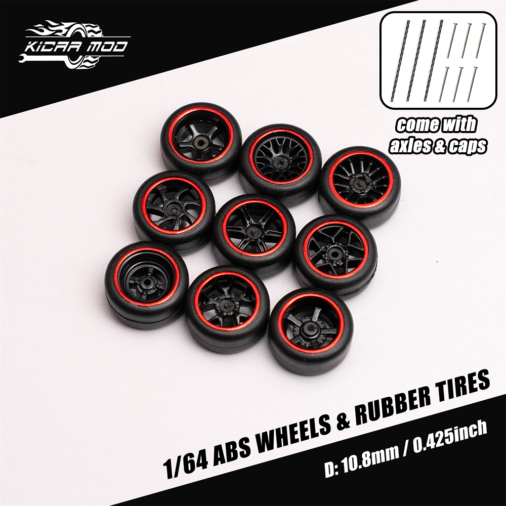 1/64 Model Car Black Red Circle Wheels with Fixed  Tires Comes with Rivets for Diecast Model Refitting Parts 4pcs 1set