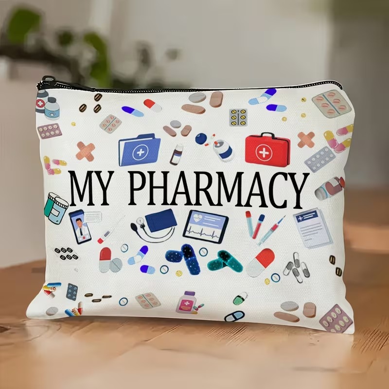My Pharmacy Printed Makeup Bag | Zipper Pouch for Medicine Travel Kit | Cute Nurse Gift Cosmetic Bag