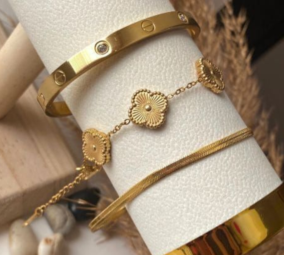 3 Pcs Stainless Steel Bracelet Set for Women – Gold & Silver Variants – Adjustable Chain, Flower Design & Crystal Bangle