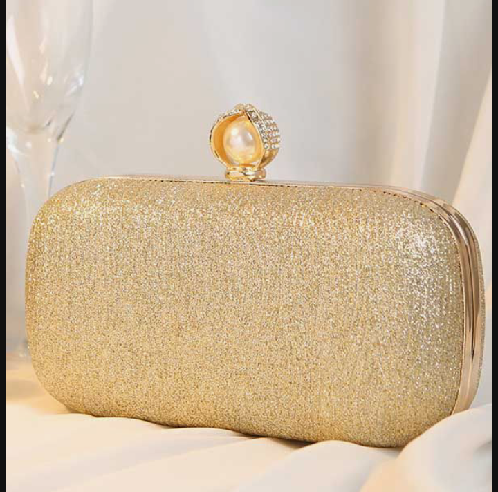 Elegant Pearl Clutch Bag for Women – Rose Gold Sparkle Box Purse for Party, Wedding, Evening Wear