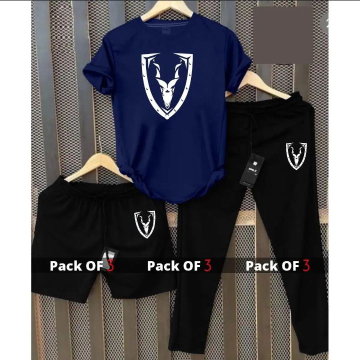 Pack Of 3 Markhor Printed Summer Tracksuit (Tshirt + Trouser + Short)