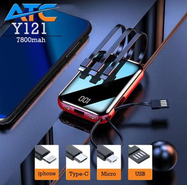 Unique Power bank Y121 (7800mah) battery percentage in a display and Three charging cable attach and two LED light in front