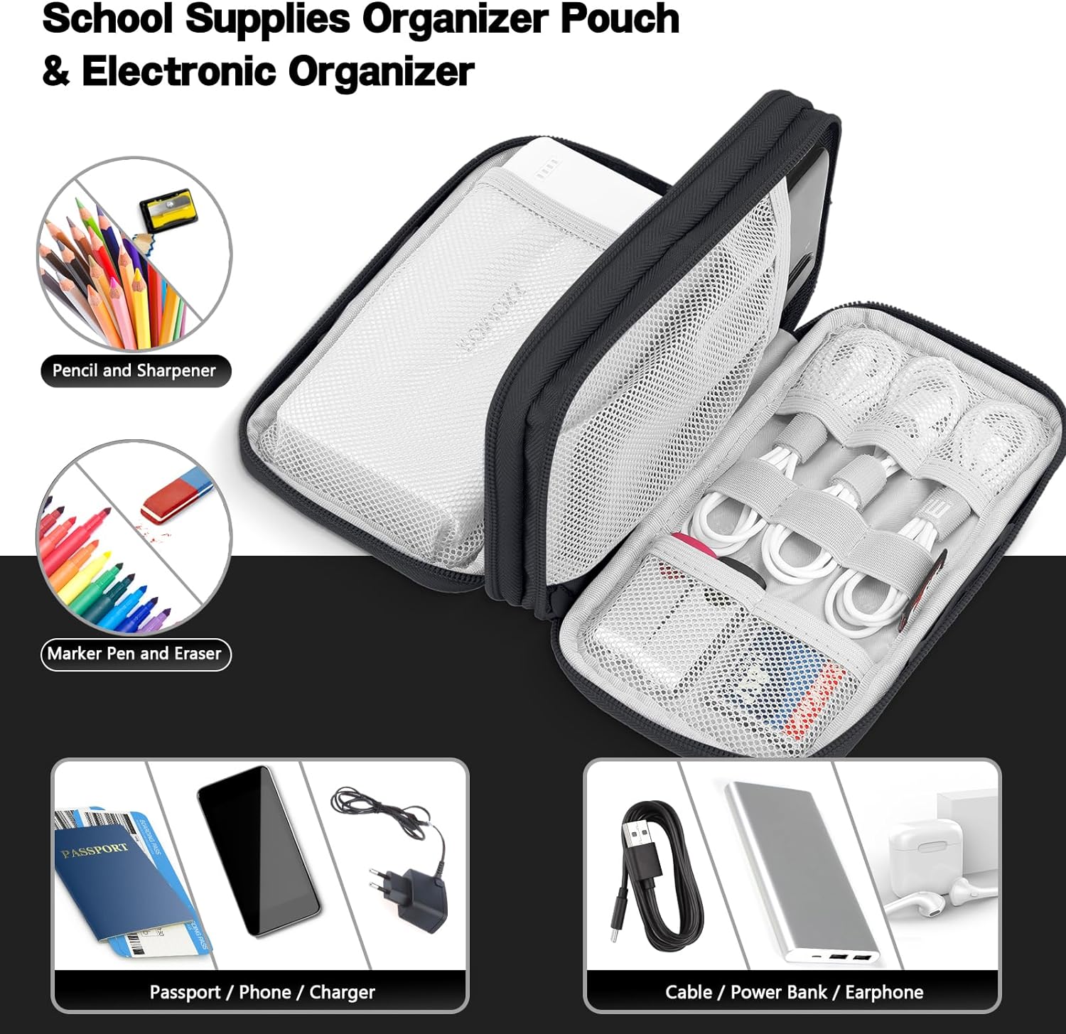 Cable Organizer Travel Bag Pouch Waterproof Small Electronic Accessories Carry Case Portable Double Layers All-in-One Storage Bag for Cable,Cord,Charger,Earphone Black
