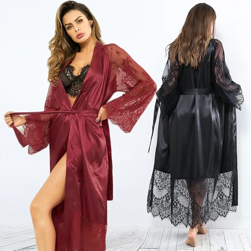Sleepwear Women's Bathrobe  Lingerie Lace Satin Kimono Sleep Long Dress Robes Pajamas Nightgown night dress for girls