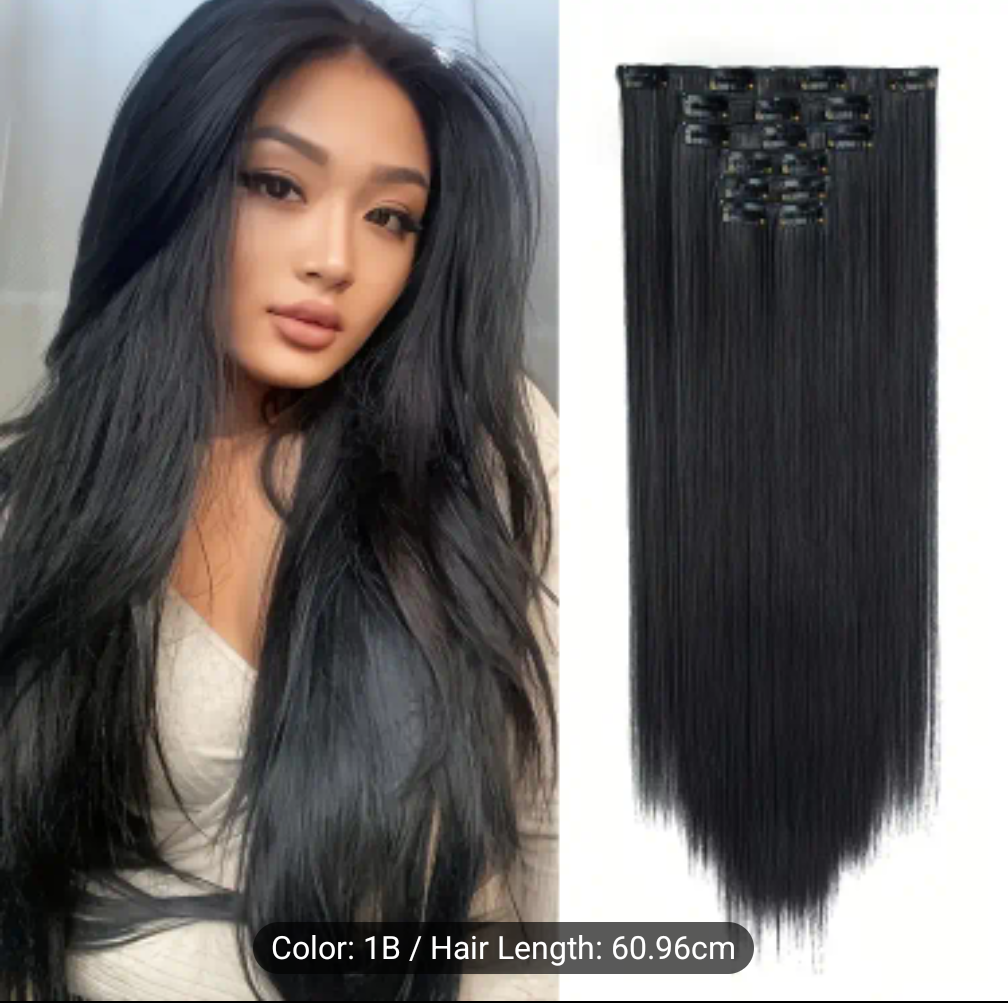 Clip-In Hair Extensions for Women 7 Pieces 16 Clips - Thick Long Lightweight Hairpiece - Jet Black, Brown, Golden & Burgundy