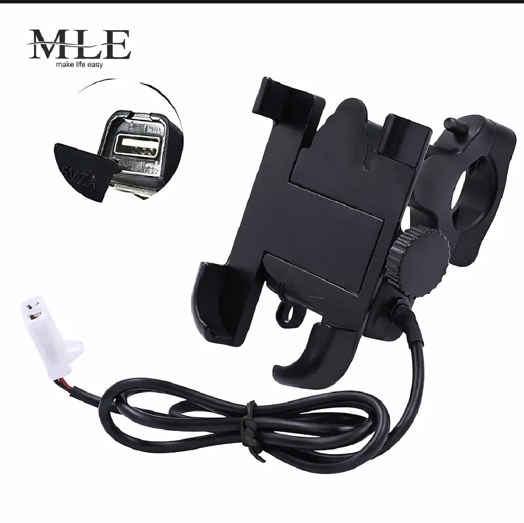 Metal Bike Mobile Holder with USB Charger | Heavy Duty Motorcycle Phone Holder | Universal Handle Bar Mount All Phones Mobile Holder Adjustable Mobile Holder Riding Mobile Holder Long Ride Mobile Holder