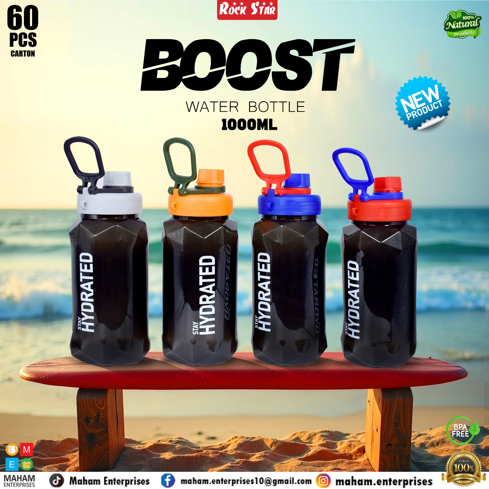 Rock Star Boost 1000ml Premium Water Bottle – BPA Free | Stay Hydrated | Eco-Friendly Sports & Gym Bottle
