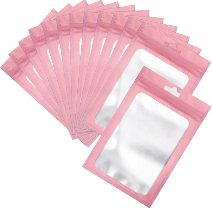 20 Pcs premium quality Jewelry Self Sealing Transparent Zipper Bag For Jewelry Display, Resealable Zip Bags, Matte Pink Plastic Bags with Clear Window, Cute Small Bags for Jewelry Packing, Jewellery bag, Small Business, Candies, Data Cables Storage