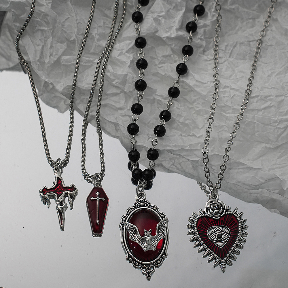 Gothic Style Red Cross Bat Heart-Shaped Eye Pendant Necklace, Personalized and Trendy Y2K Retro Necklace, Halloween Party Jewelr