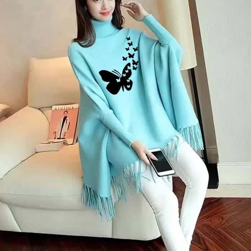 Butterfly Printed Bat Wing Style Winter Poncho For Women