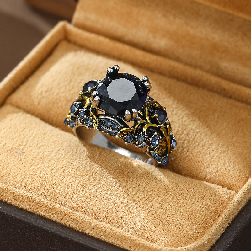 Gold Color Leaf Shaped Inlaid Blue Synthetic Zirconia Ring Suitable for Women's Banquets Engagements Jewelry Accessories 