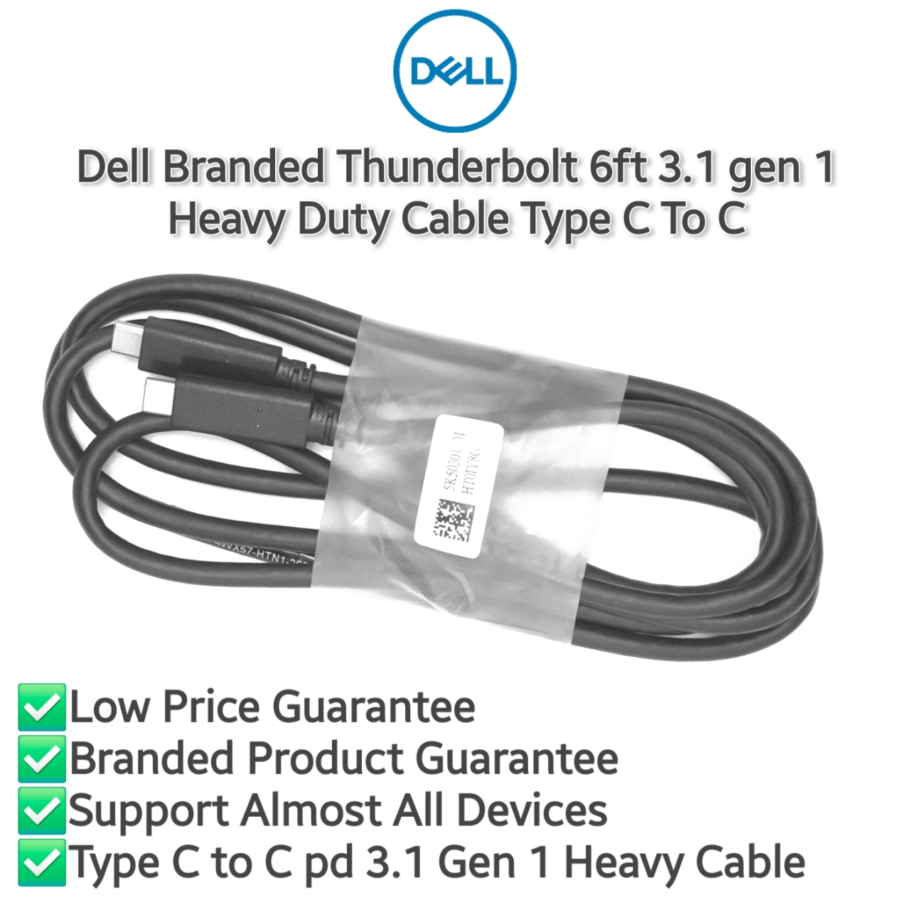 100% Original 100w Dell TYPE C to C Thunderbolt Supported 3.0 Gen 1 Heavy Duty Cable 20v 5A  1.8m/6Ft Length