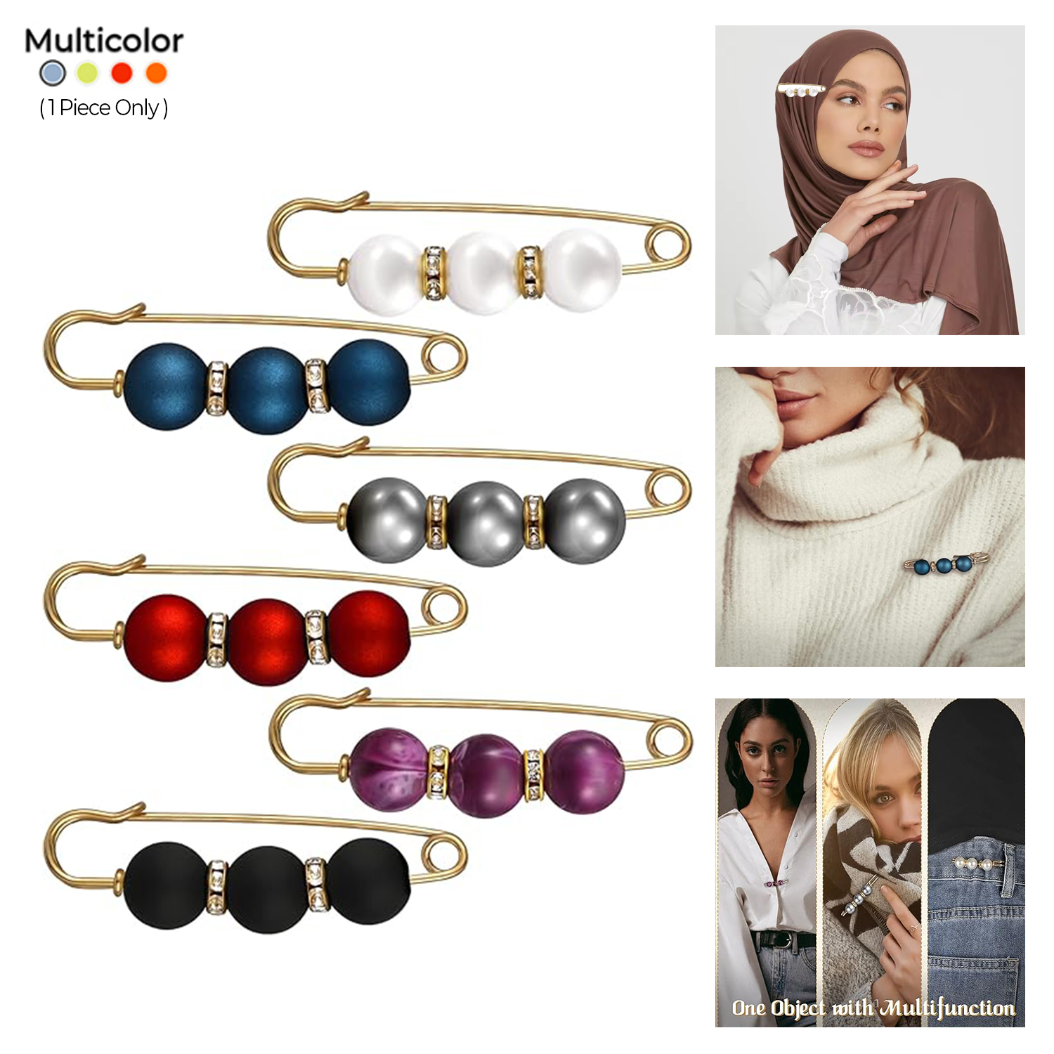 Emibele Artificial Pearl Hijab Scarf Pin Brooch Rhinestone Sweater Shawl Clip Safety Pins Crystal Cufflink Waist Pants Tightener Jewelry Decorative Accessories For Women (Single Piece + Multicolor)