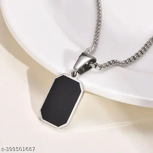 "Men's Stainless Steel Black Rectangle Pendant Necklace – Gold & Silver Chain