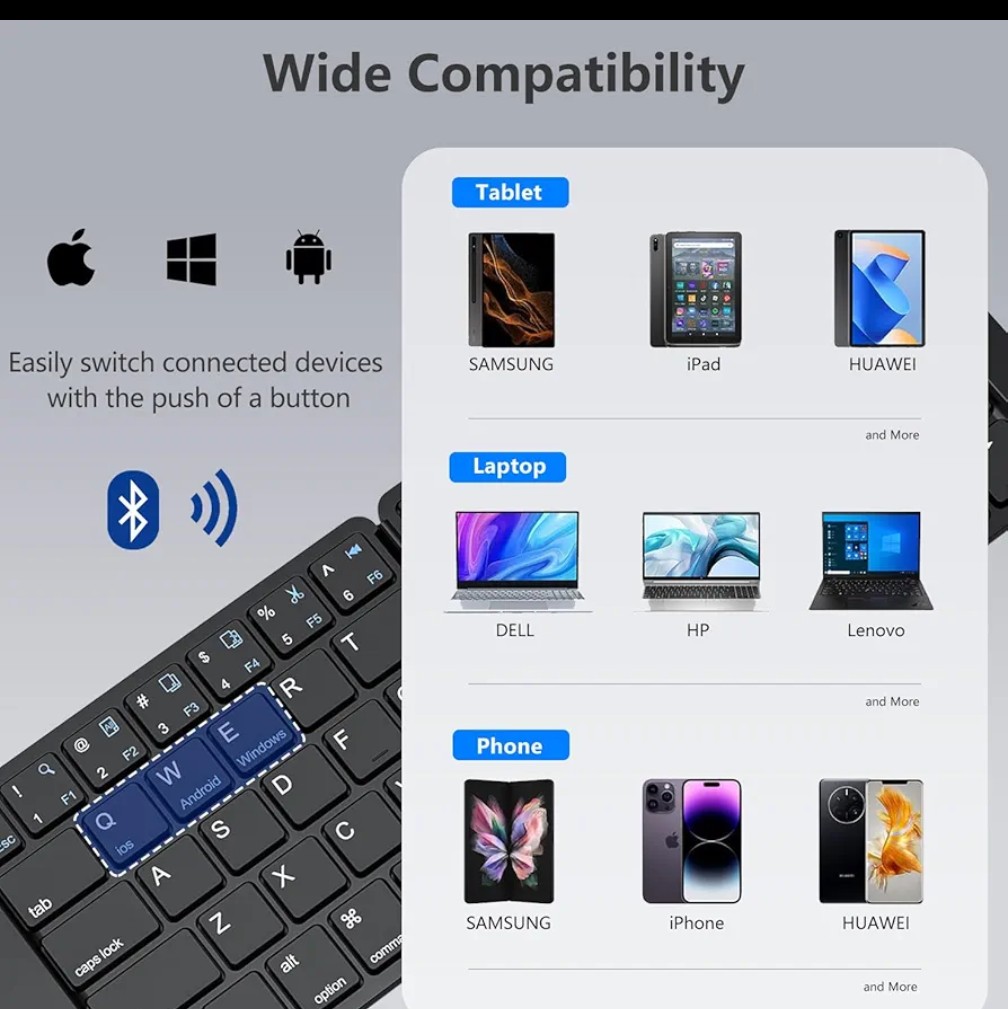 Foldable Keyboard - Portable Travel Keyboard, Rechargeable Full Size Ultra Slim Mini Folding Wireless Keyboard for iOS Android Windows Smartphone Tablet and Laptop