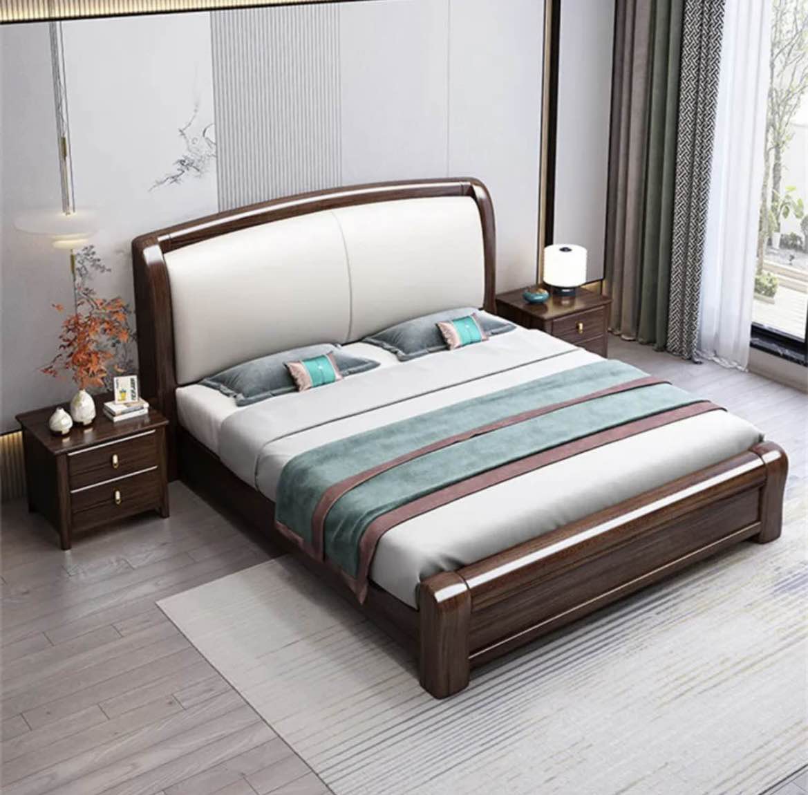 Luxury Modern Solid Wood Upholstered King Size Bed Set