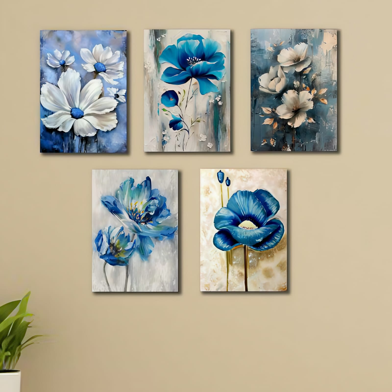 Blue Flowers Wall Art Wooden Frames For Home Decoration Sticky Phototiles (Pack of 5)