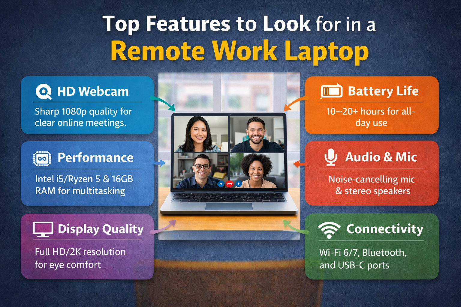 Best laptops for remote work and online meetings setup with webcam battery performance features