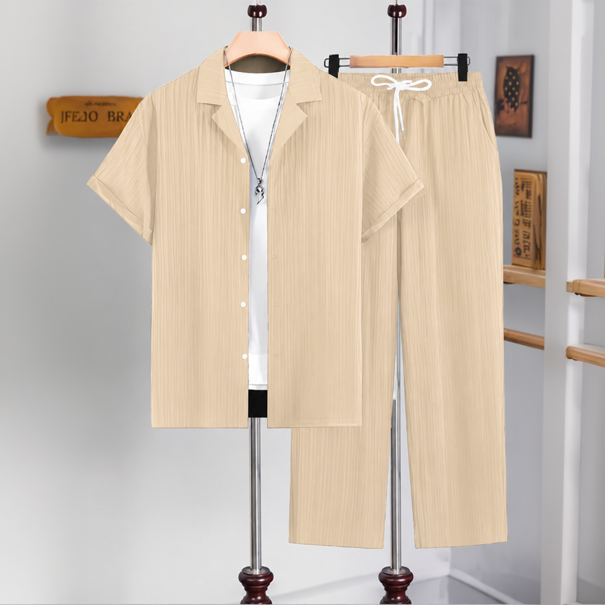 DealistaanMen's Textured Short Sleeve Shirt & Trouser Co-Ord Set – Premium Summer Matching Set for Men  Lightweight Casual Two Piece Outfit  Relaxed Fit Fashion 2Pc Co Ord Suit