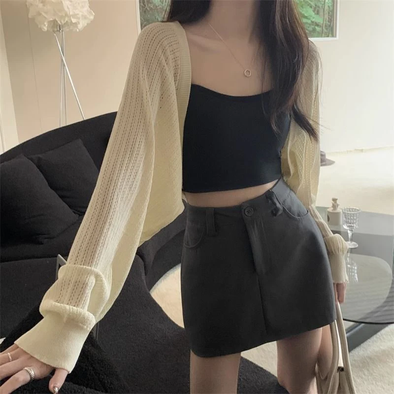 Fashion Hollow Out Sunscreen Cardigan Women Lantern Sleeve Thin Short Knitted Cardigans Woman Elegant Simple Crop Smock Top