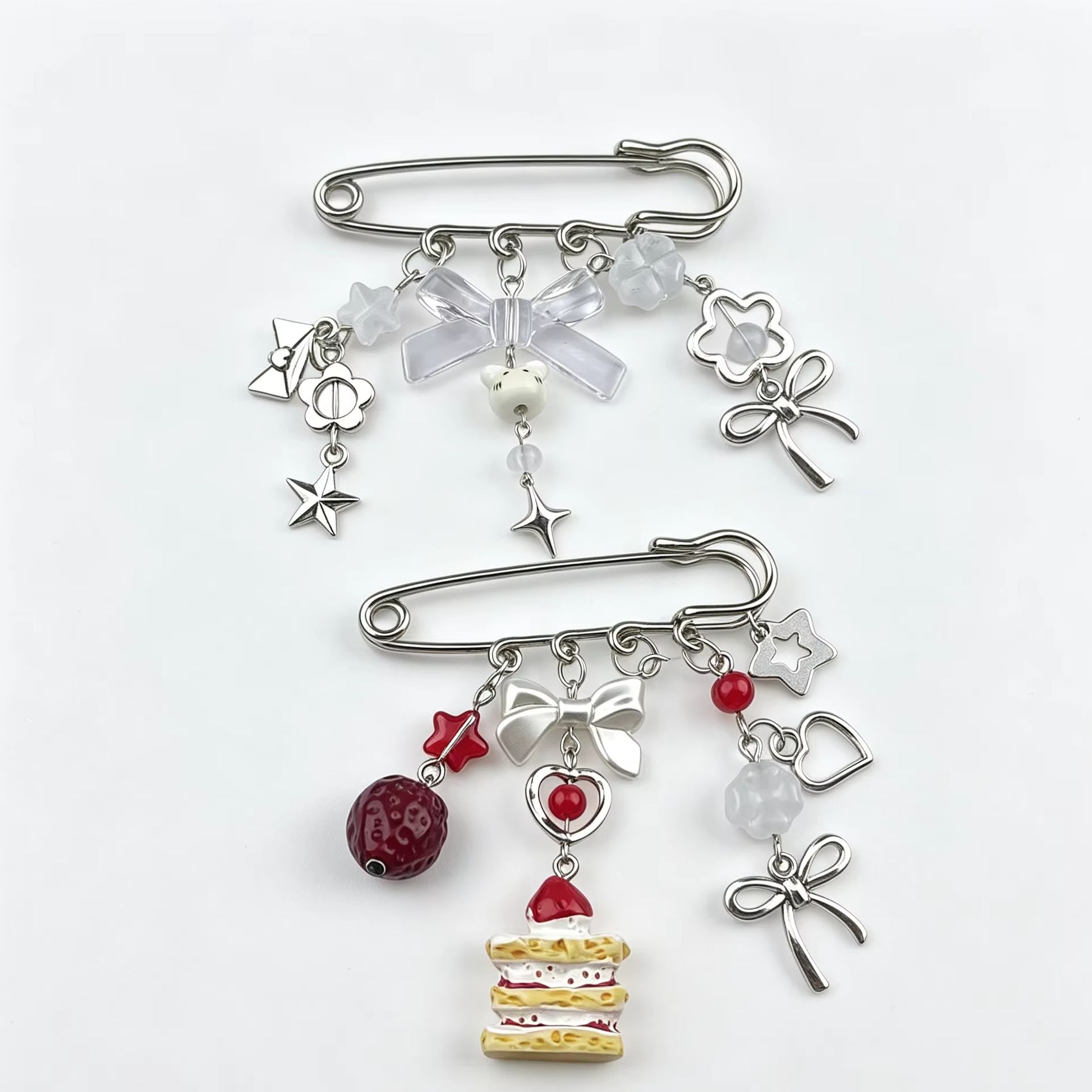 Y2K Safety Pin Brooch Bow Star Phone Charm Crystal Beaded Lapel Pin Sweet Cute Brooch Bag Charm Aesthetic Jewelry for Women