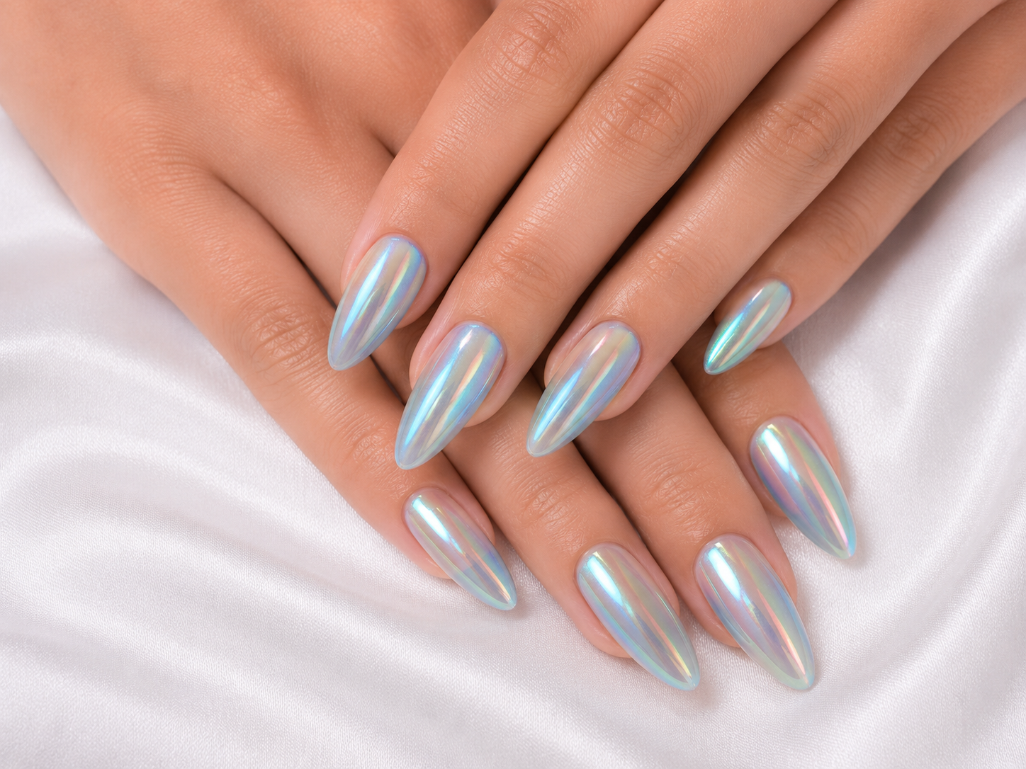 Maison by Laj Luxury Blue Purple Cat Eye Press On Nails - Reusable Shimmer Almond Artificial False Nails Set with Jelly Glue Stickers
