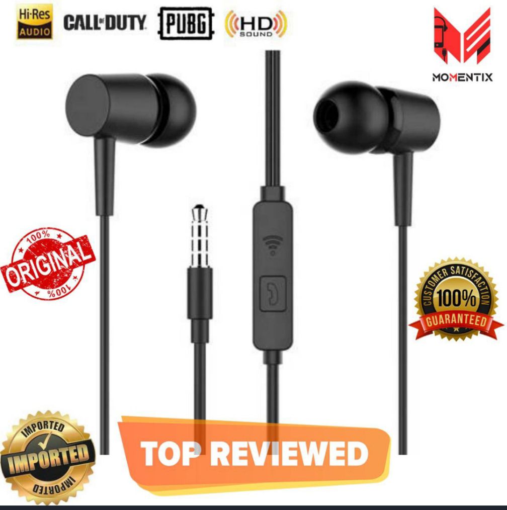 MOMENTIX High Quality Stereo Earphones, Noise Isolating Handsfree Deep Bass Hand Free Hands free with Microphone and 3.5mm In Ear Earbuds Headphones Plug for Android Samsung iPhone Xiaomi Oppo Huawei Infinix Motorola Sony Mobiles Devices - Black price in Pakistan