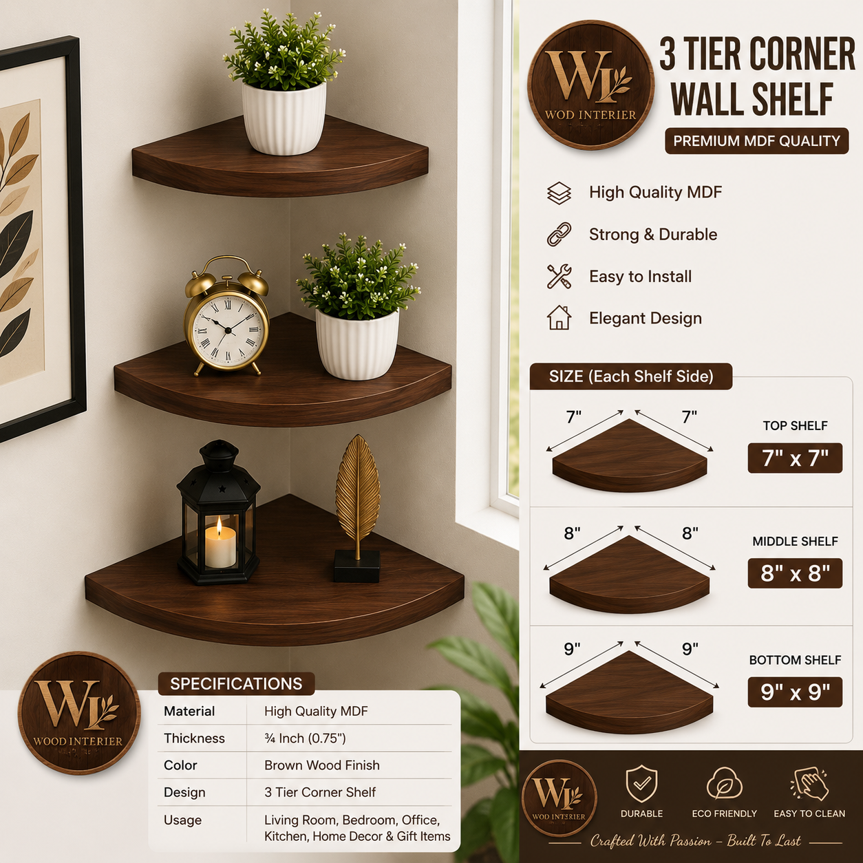 3-Tier Wooden Corner Wall Shelf | Floating Display Rack | Home & Office Decor |