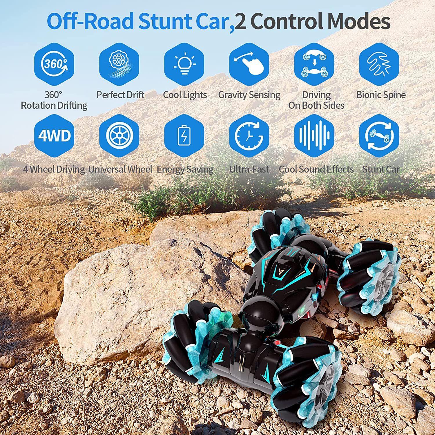 RC Stunt Car, 2.4GHz 4WD Remote Control Gesture Car Sensor Toy, Double Sided Rotating Off Road Vehicle 360° Flips with Lights Music, for Boys & Girls, Multi