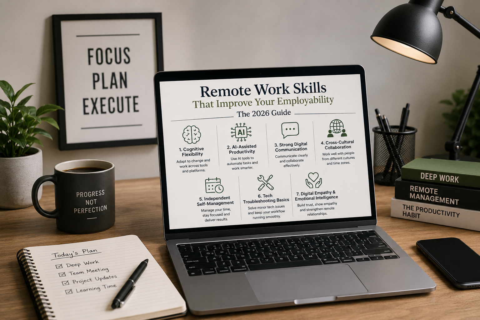 Remote work tools and skills guide – covers communication platforms, project management software, cloud storage, and productivity tools for remote professionals.
